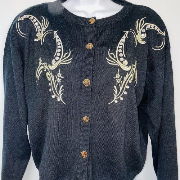 Vintage L'eau Vive Sweater Womens M Black Cardigan Wool Pinup Glam - Picture 3 of 7
